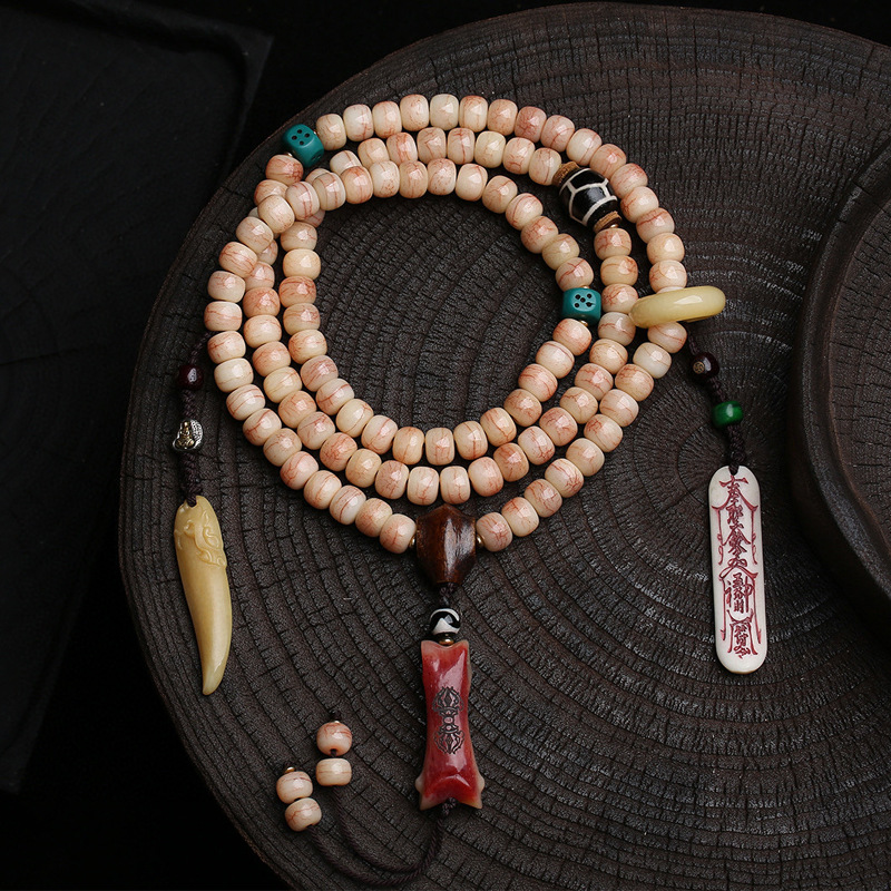 天然粉血骆驼骨桶珠108颗佛珠念珠藏式文玩多圈手串玛瑙鹿角配饰