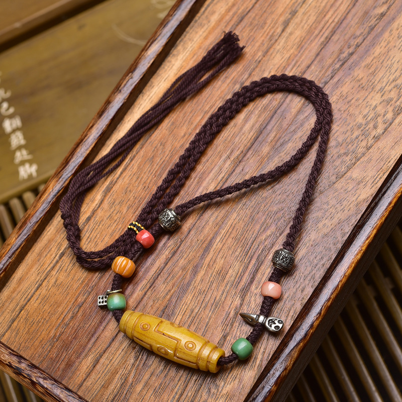 藏式文玩回流骨雕刻九眼天珠吊坠毛衣链复古民族风手工编织绳项链
