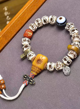 藏传回流骨双面雕刻手串单圈藏式文玩佛珠红玛瑙天眼天珠配饰手链