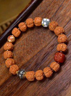 天然藏式金刚菩提子文玩佛珠手串单圈玉化包浆玛瑙琉璃配饰手链