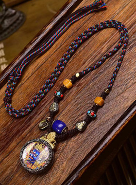 藏式文玩大黑天唐卡吊坠锁骨链可调节复古长链纯手工编织绳项链