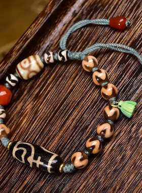 天然玛瑙宝瓶天珠配珠手链可调节藏式文玩复古虎牙天珠单圈手串