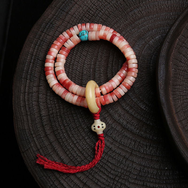 天然半血骆驼骨盘珠两圈手串藏式文玩松石桶珠跑圈流苏双圈手链