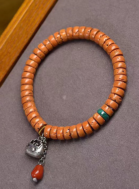 天然桃核手串单圈藏式文玩佛珠南红玛瑙孔雀石配饰复古简约手链