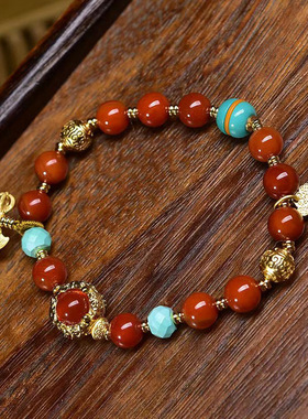 天然西周玛瑙手串单圈藏式文玩佛珠雪巴面包珠虎牙天珠配饰手链