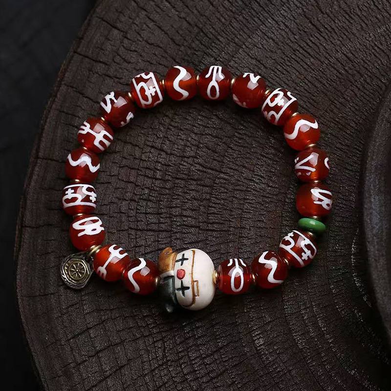 天然玛瑙多宝天珠手串单圈根付小丑日月星辰配珠财神贵人水纹天珠