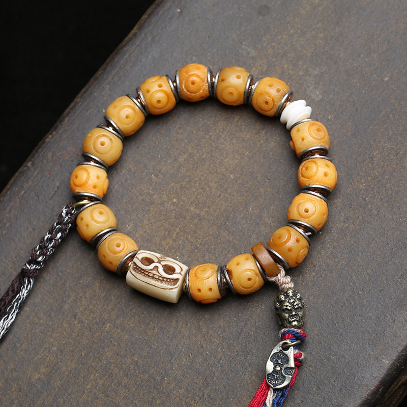 藏传回流骨雕刻老银孔道镶嵌文玩手串单圈根付料器流苏配饰手钏