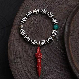 天然藏区黑白贵人天珠手串单圈朱砂降魔杵铜貔貅配饰文玩佛珠手链
