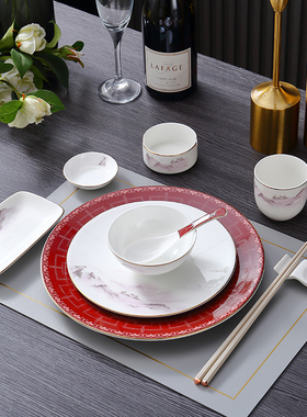 中国红主题陶瓷摆台餐具轻奢星级酒店包厢红色宴客碗碟盘唐山骨瓷