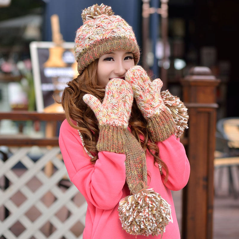 여성을위한 생일 선물 모자 겨울 한국어 버전 따뜻한 색상 매칭 원피스 모직 모자 스카프 장갑 3 피스 양복