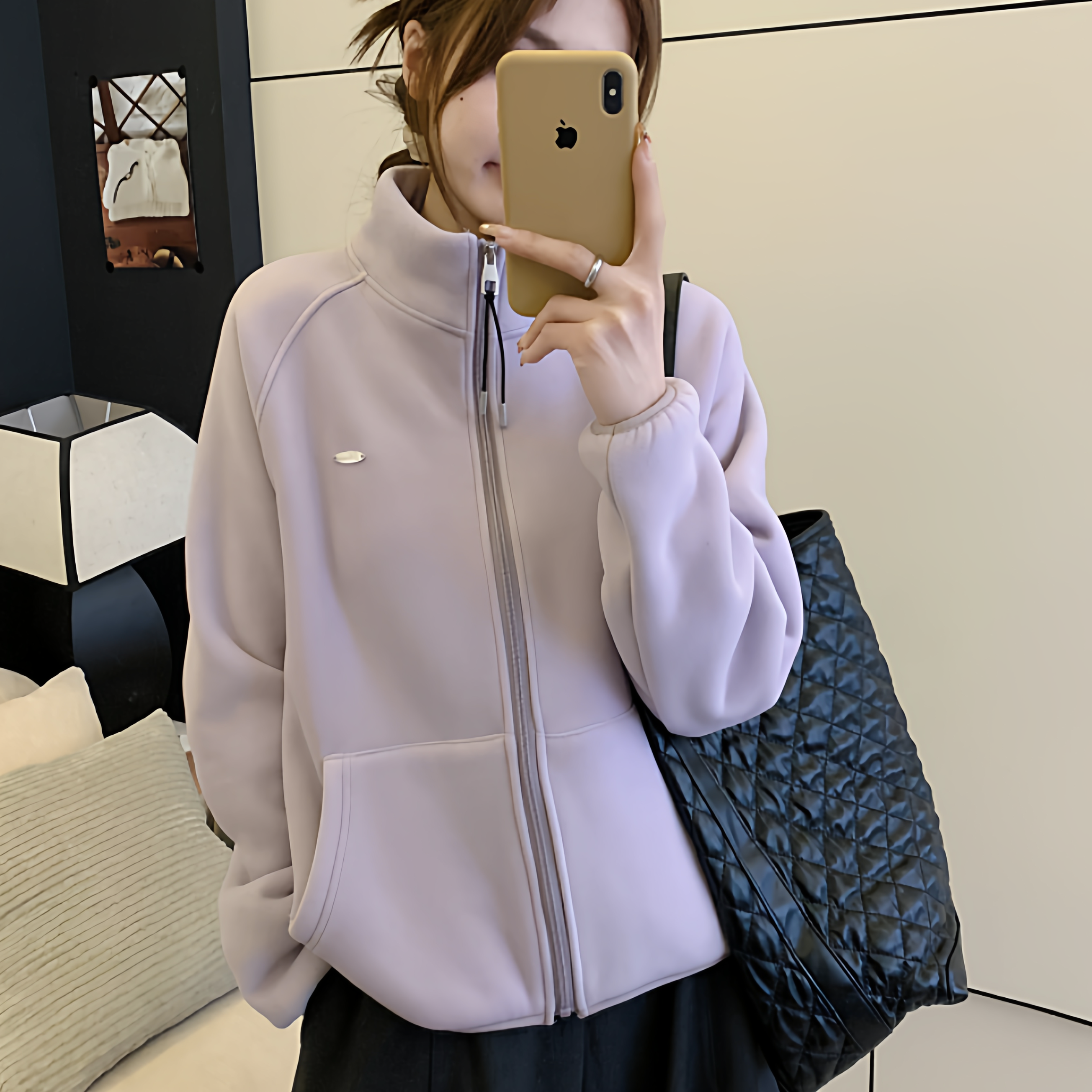 慵懒风宽松立领拉链开衫卫衣女长袖通勤外套3139