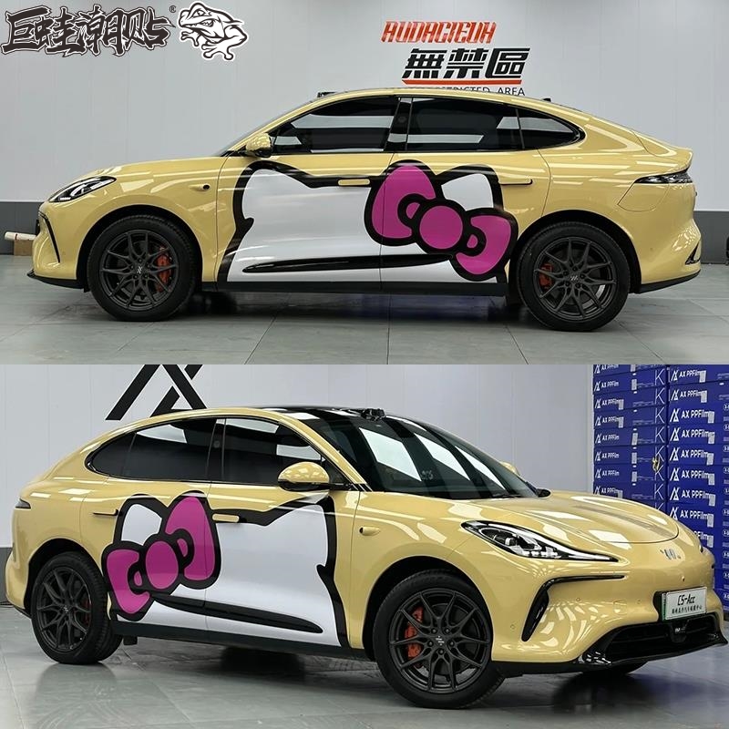 适用于智己LS6车贴拉花小鹏P7特斯拉3 Y凯蒂KT猫卡通车身装饰贴纸