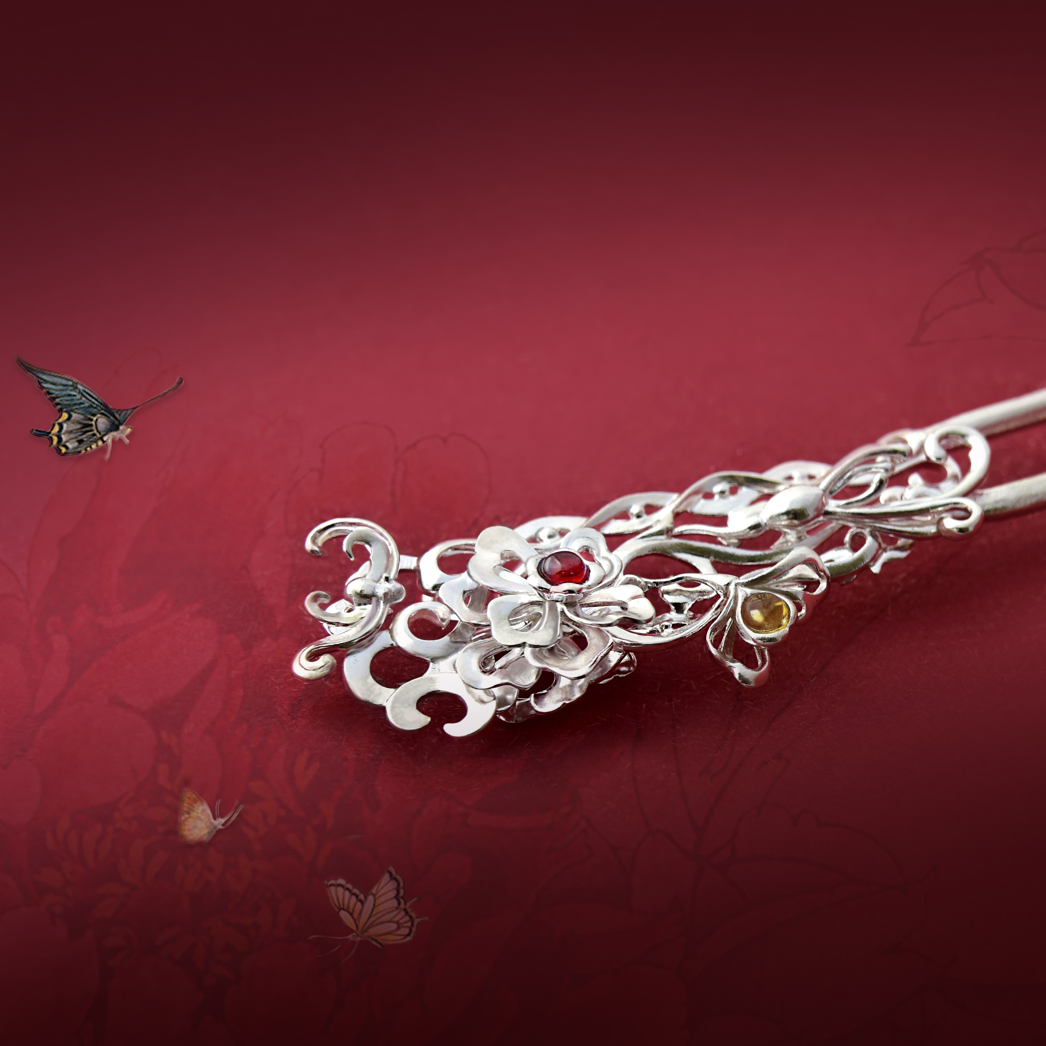 《牡丹佛手》九九倾城原创/国风牡丹彩宝纯银发钗银发簪子女