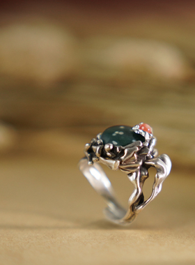 九九倾城上觉手工925银向日葵戒指镶嵌海洋碧玉复古艺术食指戒