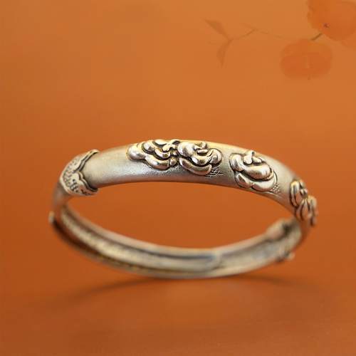 《六柿图》九九倾城原创/事事如意手工纯银手镯/复古新中式银镯子