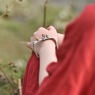 手工足银手镯南红小鸟银手镯实心开口 九九倾城原创 三只小鸟