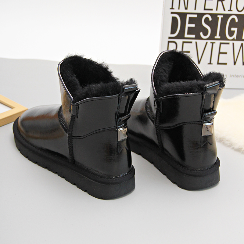 防水皮面雪地靴女牛皮羊毛短靴