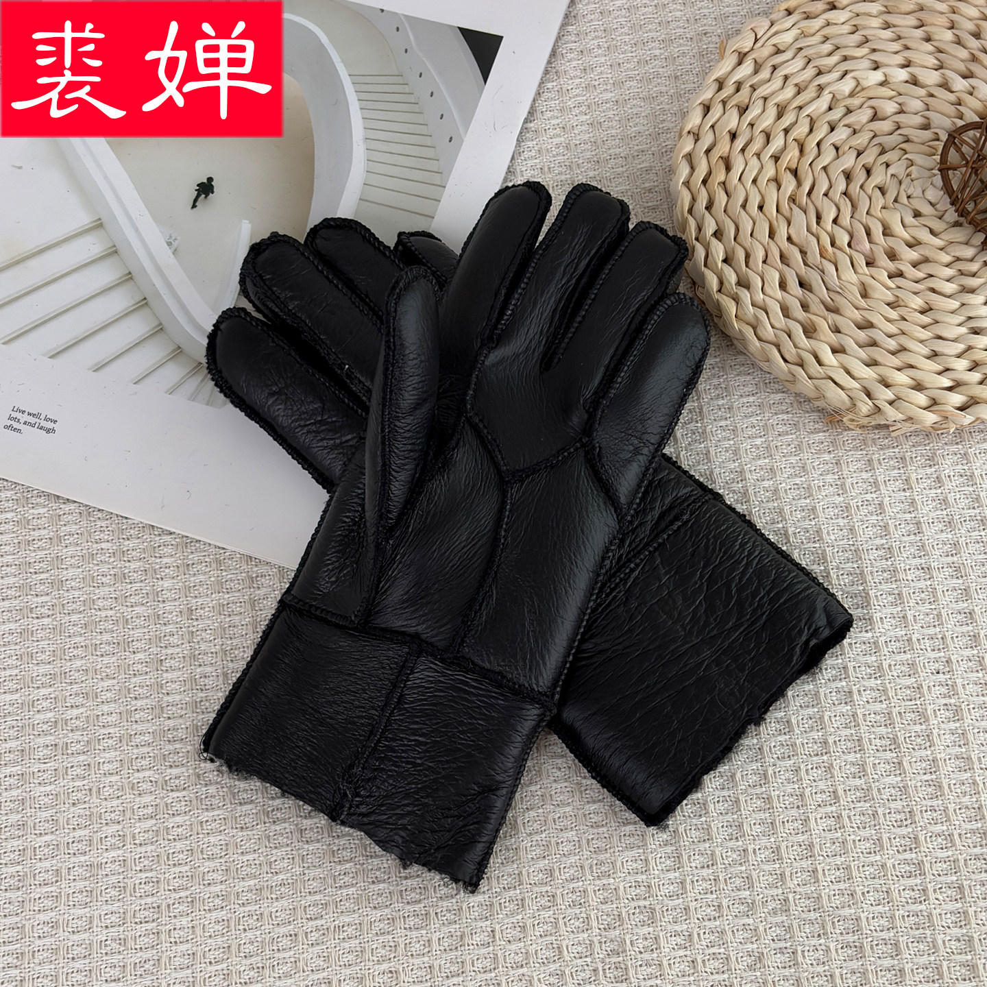 皮毛一体女士羊皮手套冬季加厚保暖抗风防寒户外骑行真皮分指手套