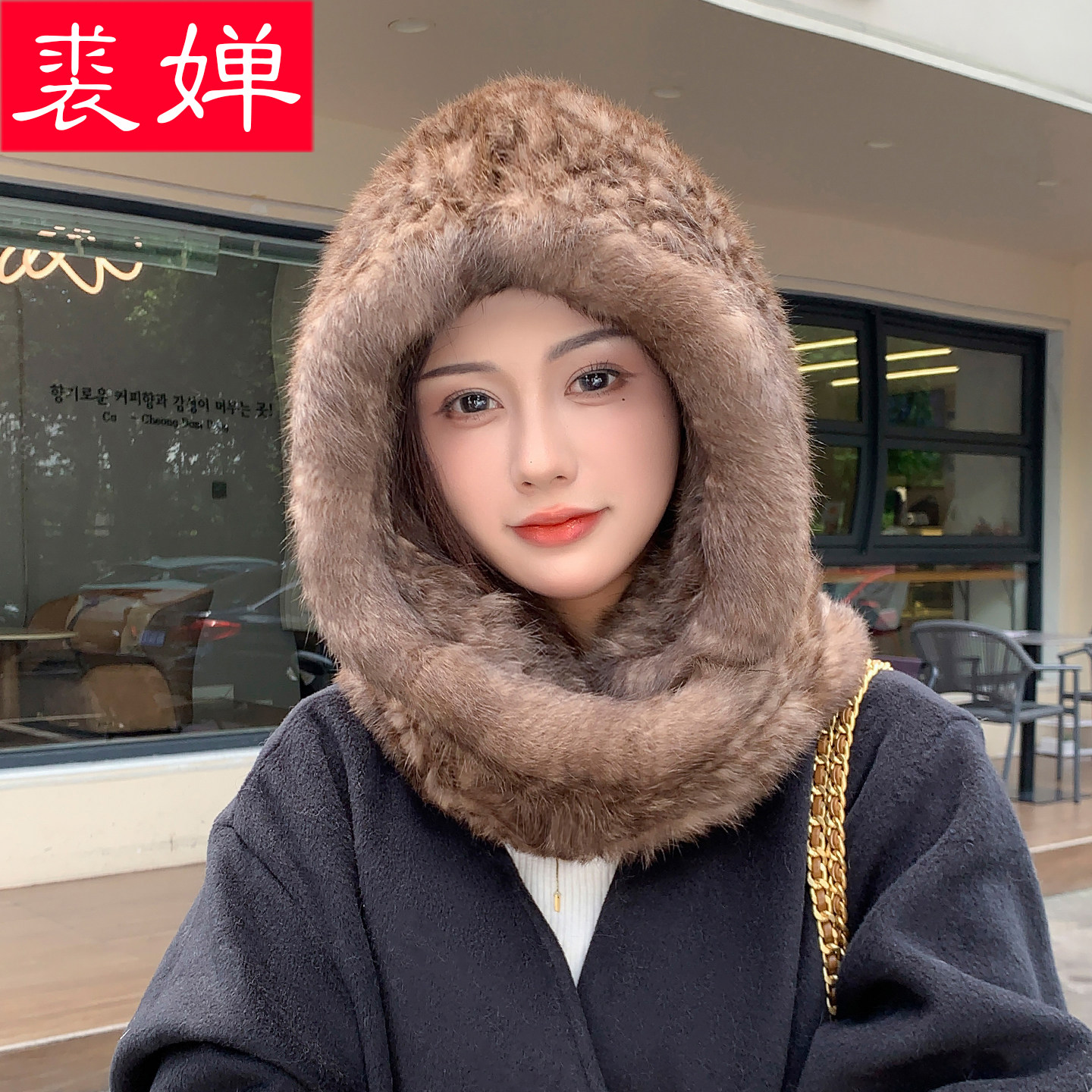 兔毛围巾帽子一体保暖护耳连帽皮草围脖女冬季双面百搭毛毛风雪帽