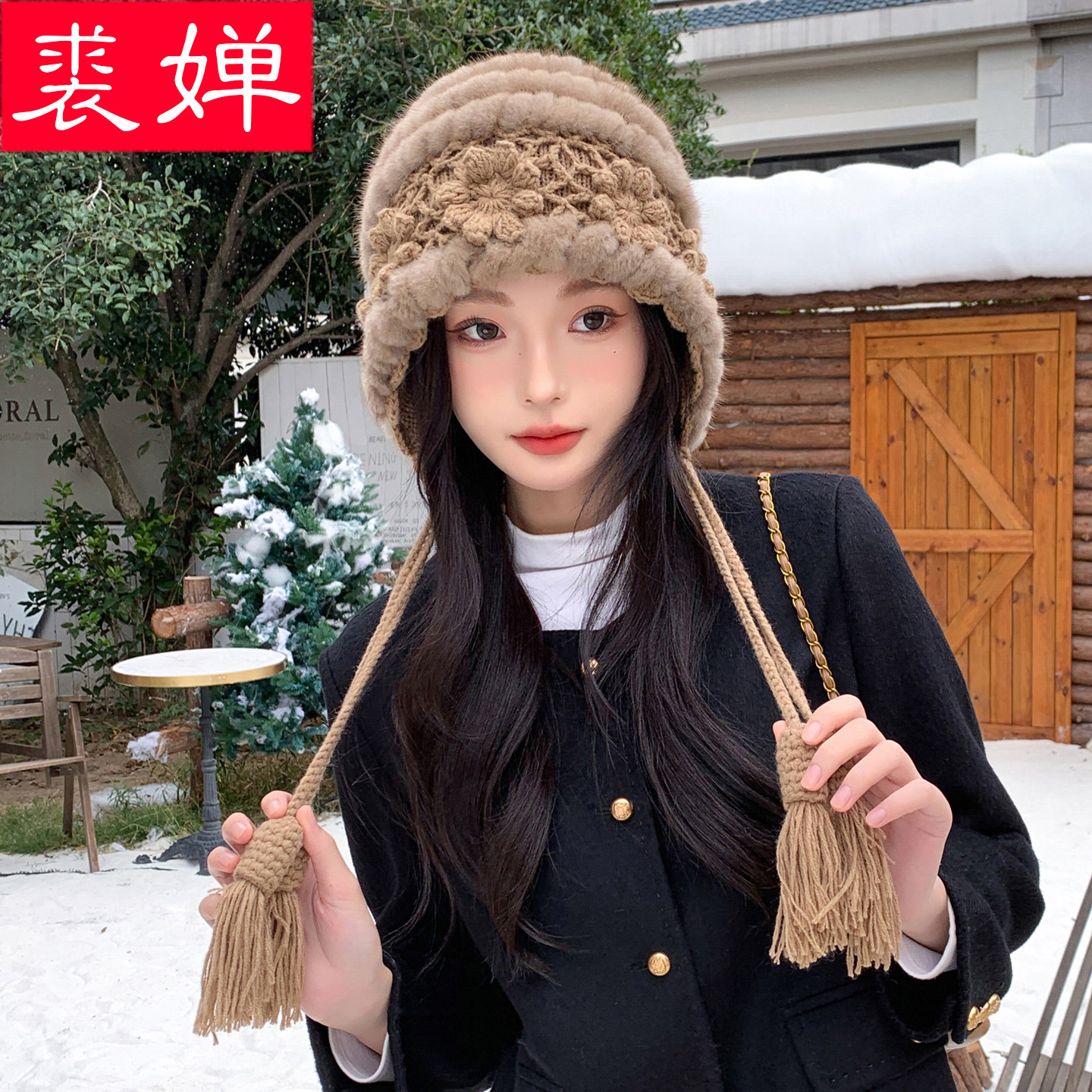 网红时尚复古钩花水貂毛编织皮草帽子女秋冬季花朵户外拍照旅行帽