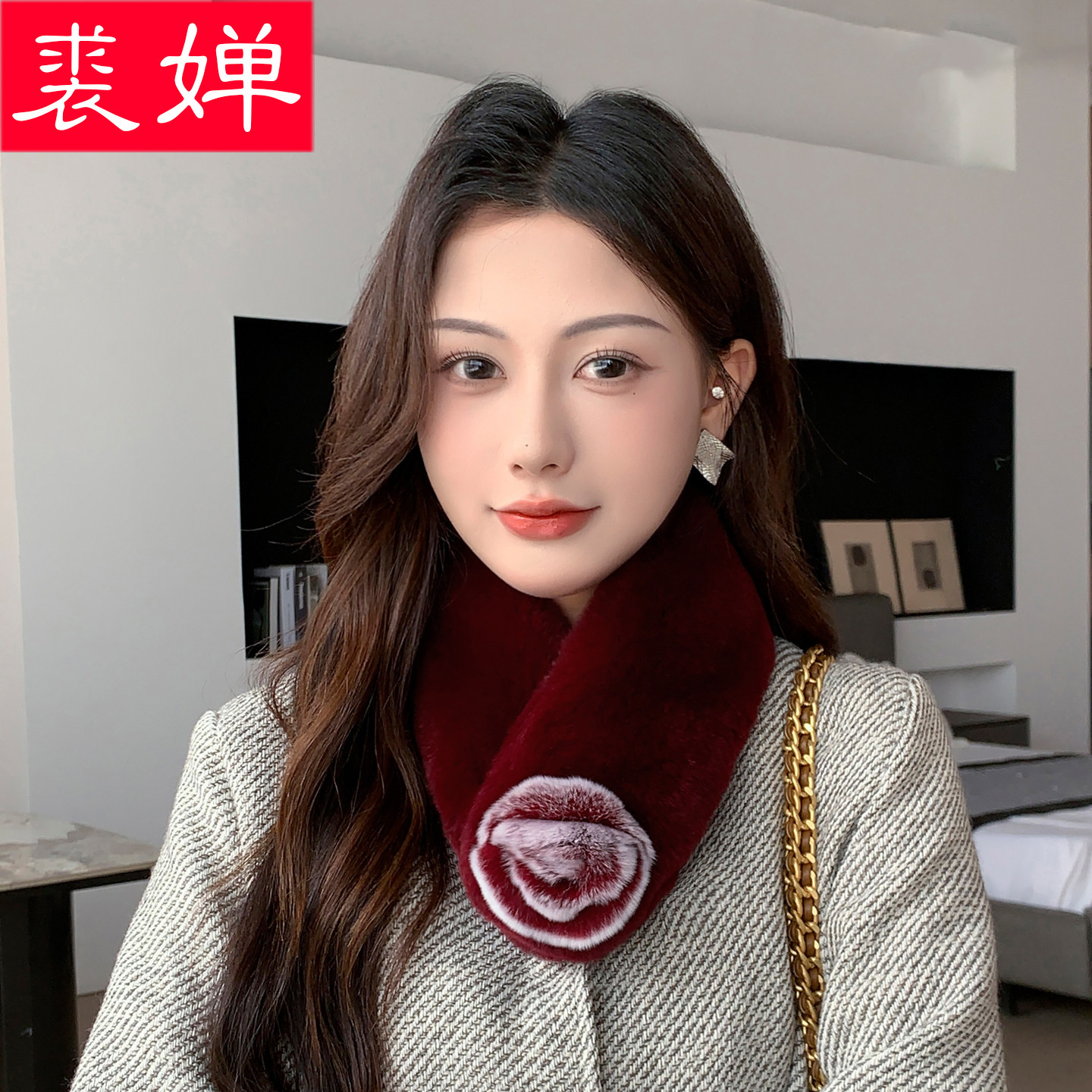 山茶花獭兔毛双面整皮围巾女秋冬季保暖真毛皮草围脖送妈妈毛领子