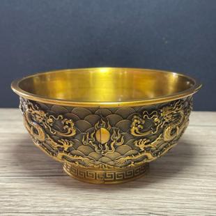 古玩铜器收藏古乾隆年制鎏金浮雕双龙戏珠碗铜碗家居摆件