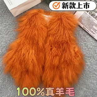 皮草马甲女2025秋冬新款韩版背心真皮草短款滩羊毛外套毛毛马甲女