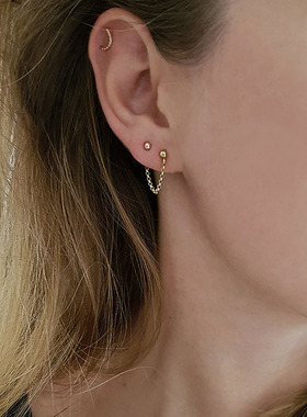 耳链双耳洞耳钉女一体式耳环时尚简约气质14K包金不掉色个性耳饰