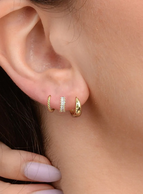 叠戴好看~水滴耳环镶钻耳圈螺纹耳饰通体925纯银防敏饰品个性简约