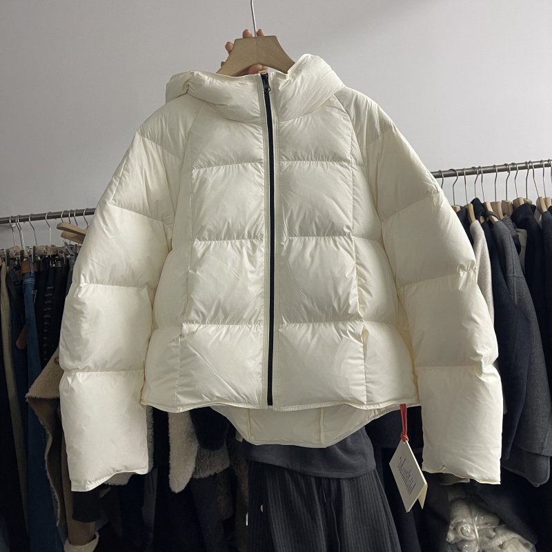 冬装连帽加厚白鸭绒宽松短款外套