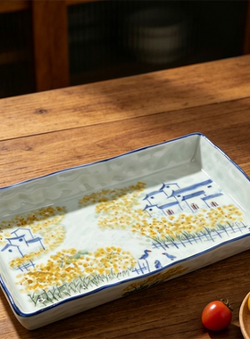 青花手绘花卉陶瓷碟子釉下彩长方形餐盘家用餐具大果盘鱼盘托盘
