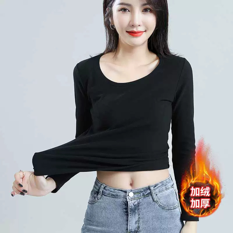 加绒加厚黑色圆领打底衫女内搭2026季新款秋冬保暖长袖上衣女显瘦