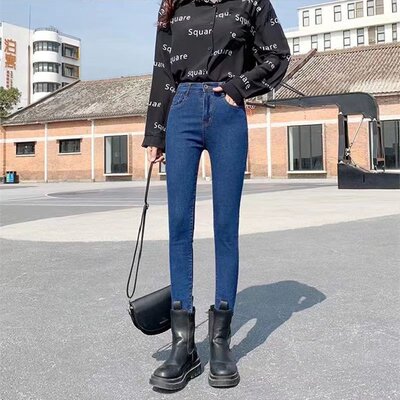 大码牛仔裤女2023年春秋季新款高腰显瘦修身弹力紧身小脚九分裤子