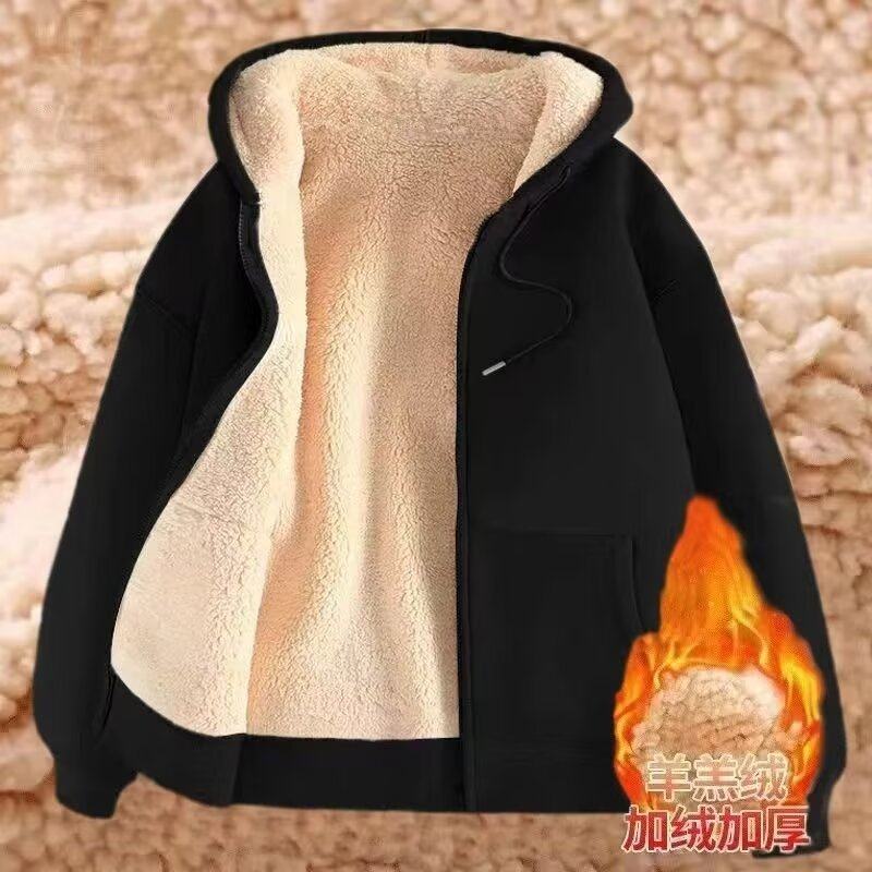 冬季羊羔绒棉衣女加绒加厚大码运动上衣开衫连帽休闲百搭青年外套