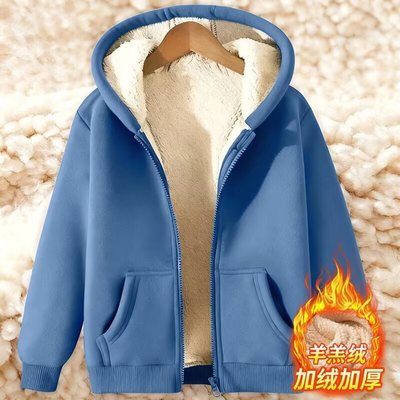 羊羔绒连帽卫衣男女冬季新款加绒加厚保暖纯色上衣服宽松开衫外套