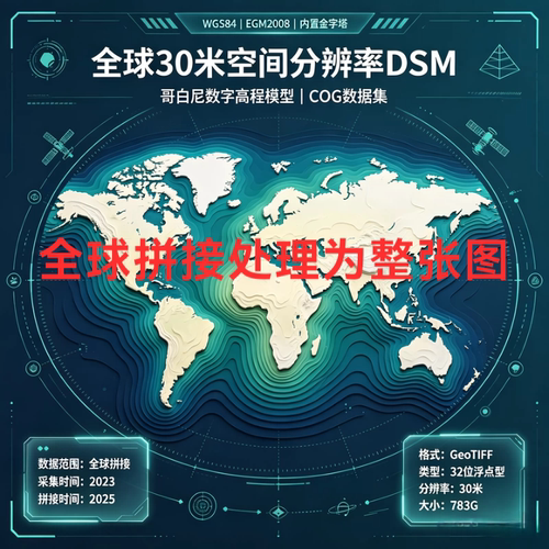 哥白尼DSM全球30米空间分辨率拼接为一张图哥白尼数字高程模型DEM