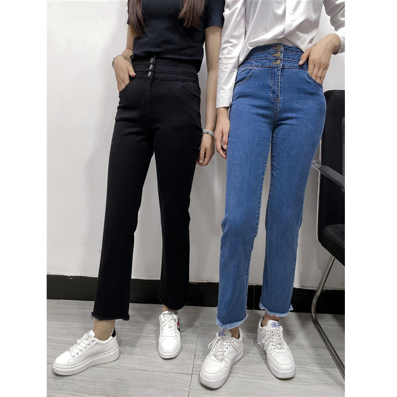 高腰三粒扣收腹弹力修身显瘦女裤