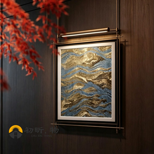 现代抽象艺术装饰画高级感意式极简玄关挂画带灯客厅背景墙吊杆画