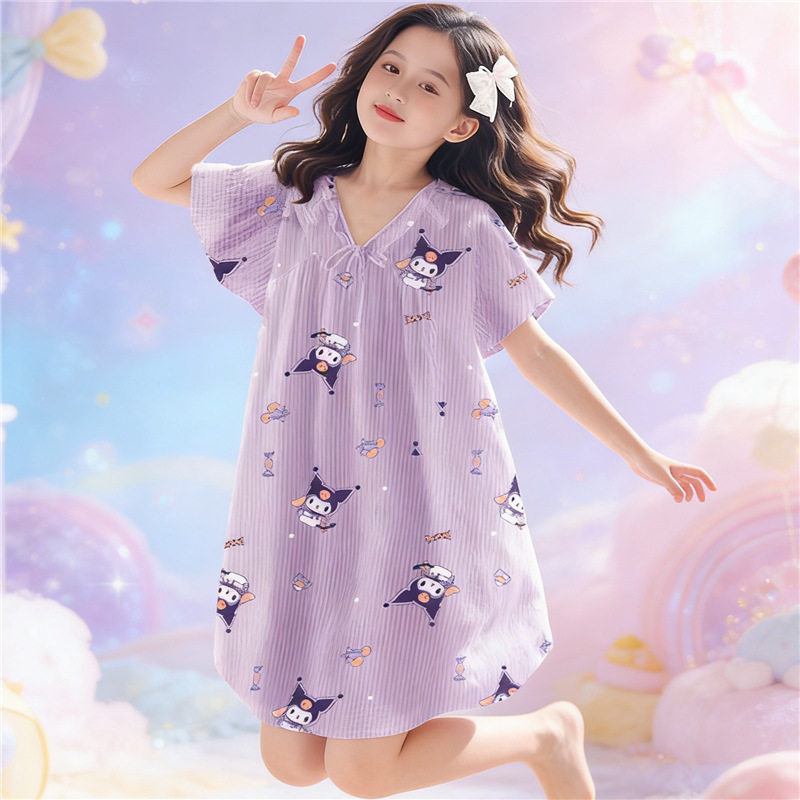 女童睡裙夏季冰丝公主风薄款儿童中大童女孩睡衣短袖空调服家居服图片