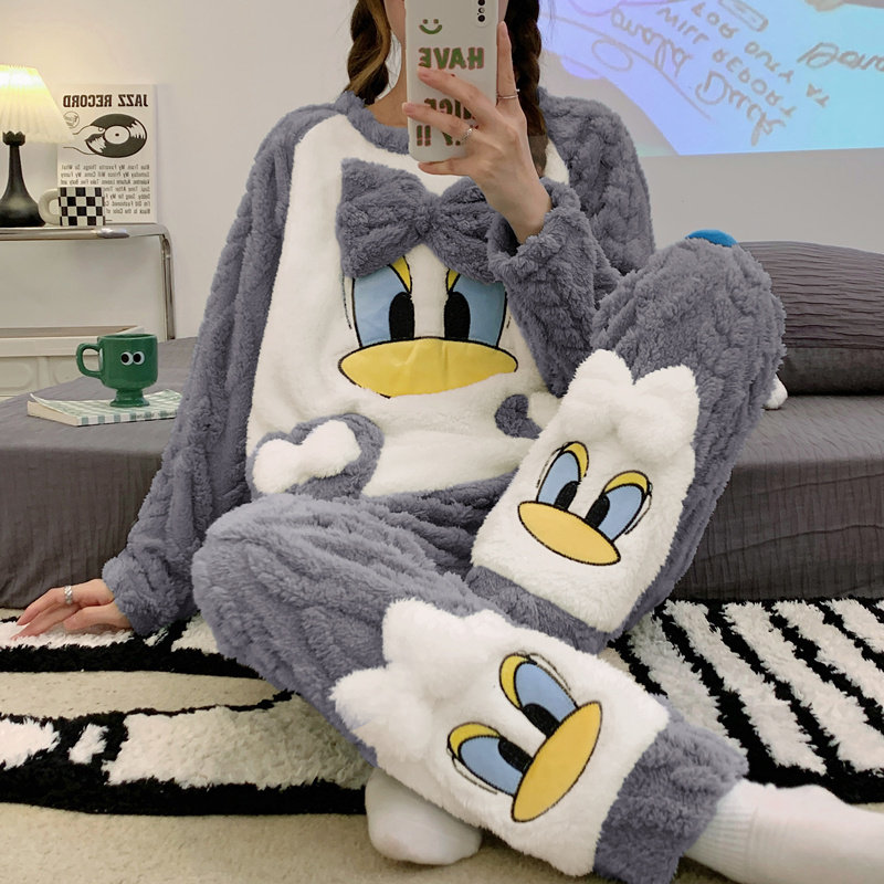 睡衣女冬季法兰绒加厚加绒2024年新款珊瑚绒灰色鸭长袖秋冬家居服