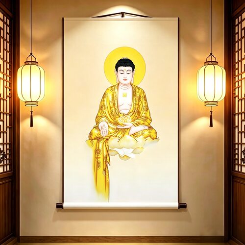 释迦摩尼佛坐莲挂画成品卷轴挂画家用佛堂礼佛客厅玄关禅意装饰画