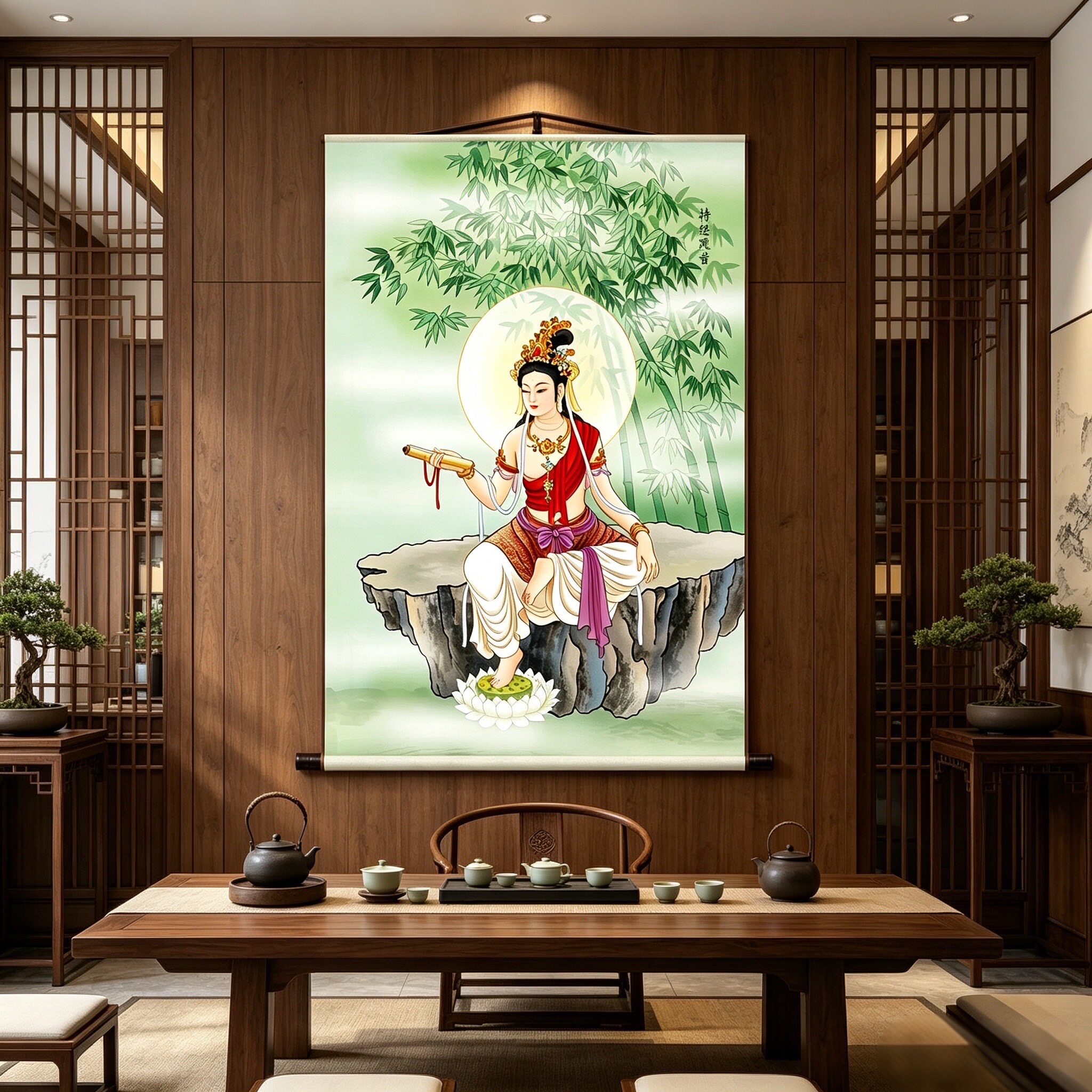 观音菩萨三十二应身画像丝绸卷轴挂画家用佛堂供奉玄关茶室装饰画