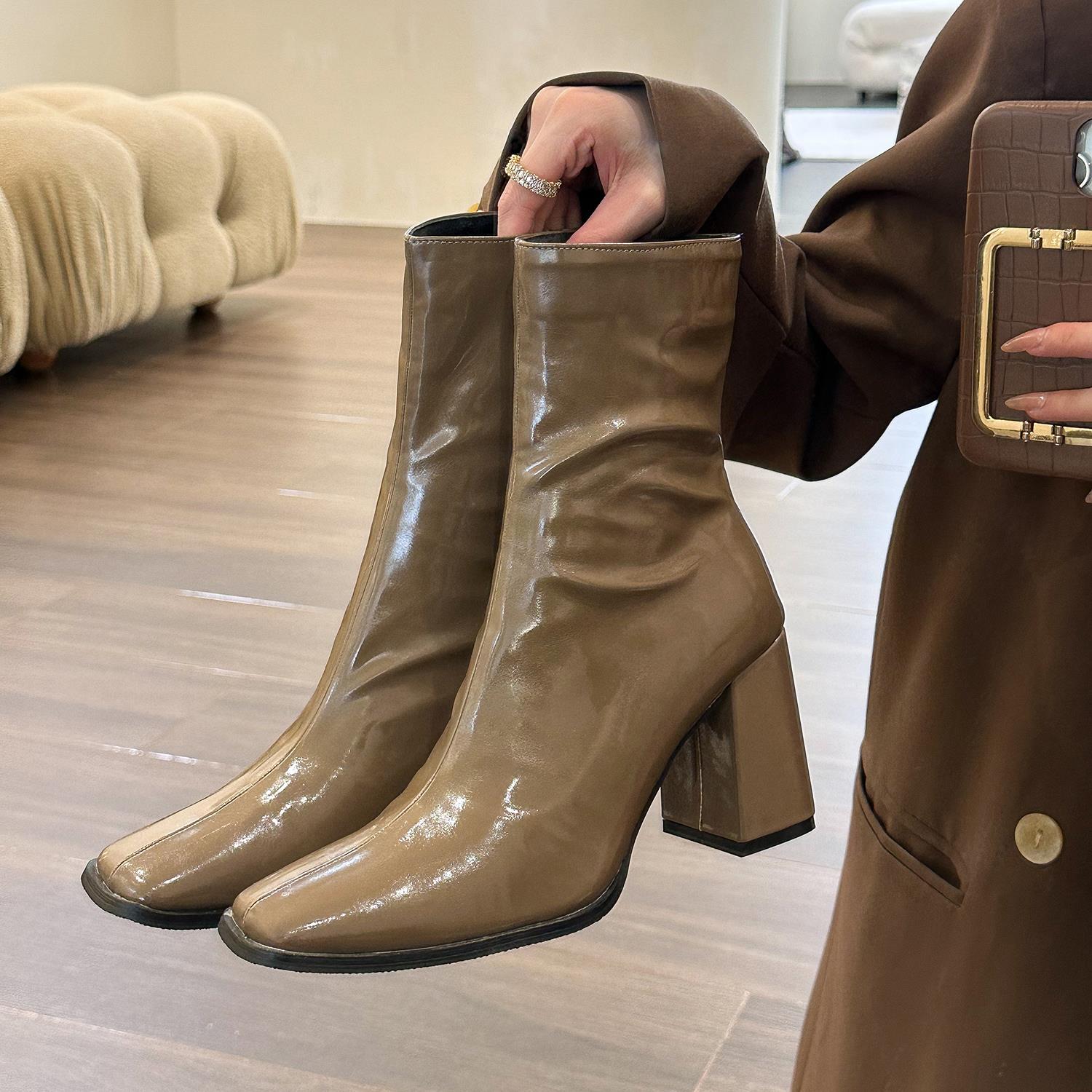 elingstudio 高级肯豆感！方头粗跟短靴女秋季2023年软皮高跟靴子