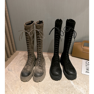 比丘国2023厚底增高显瘦弹力绒大筒围后拉链绑带长靴骑士靴子女鞋