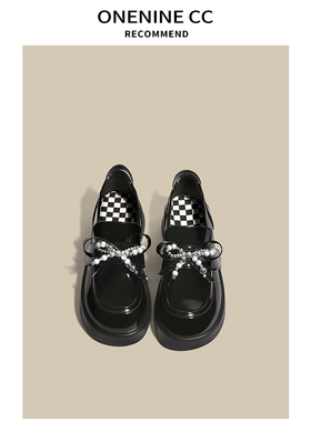 ONENINE 真皮厚底黑色小皮鞋女蝴蝶英伦风增高松糕底JK高跟乐福鞋