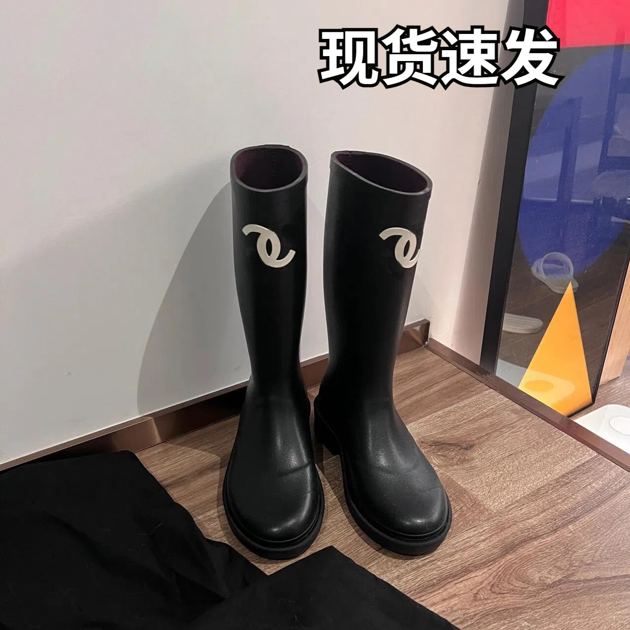 网红同款中古小香风雨靴女外穿不过膝黑色厚底显瘦中筒长靴子防水