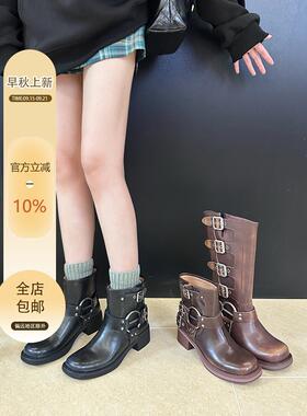 不二橘 miu短靴女金属扣马丁靴女英伦风短筒真皮方头粗跟机车靴女