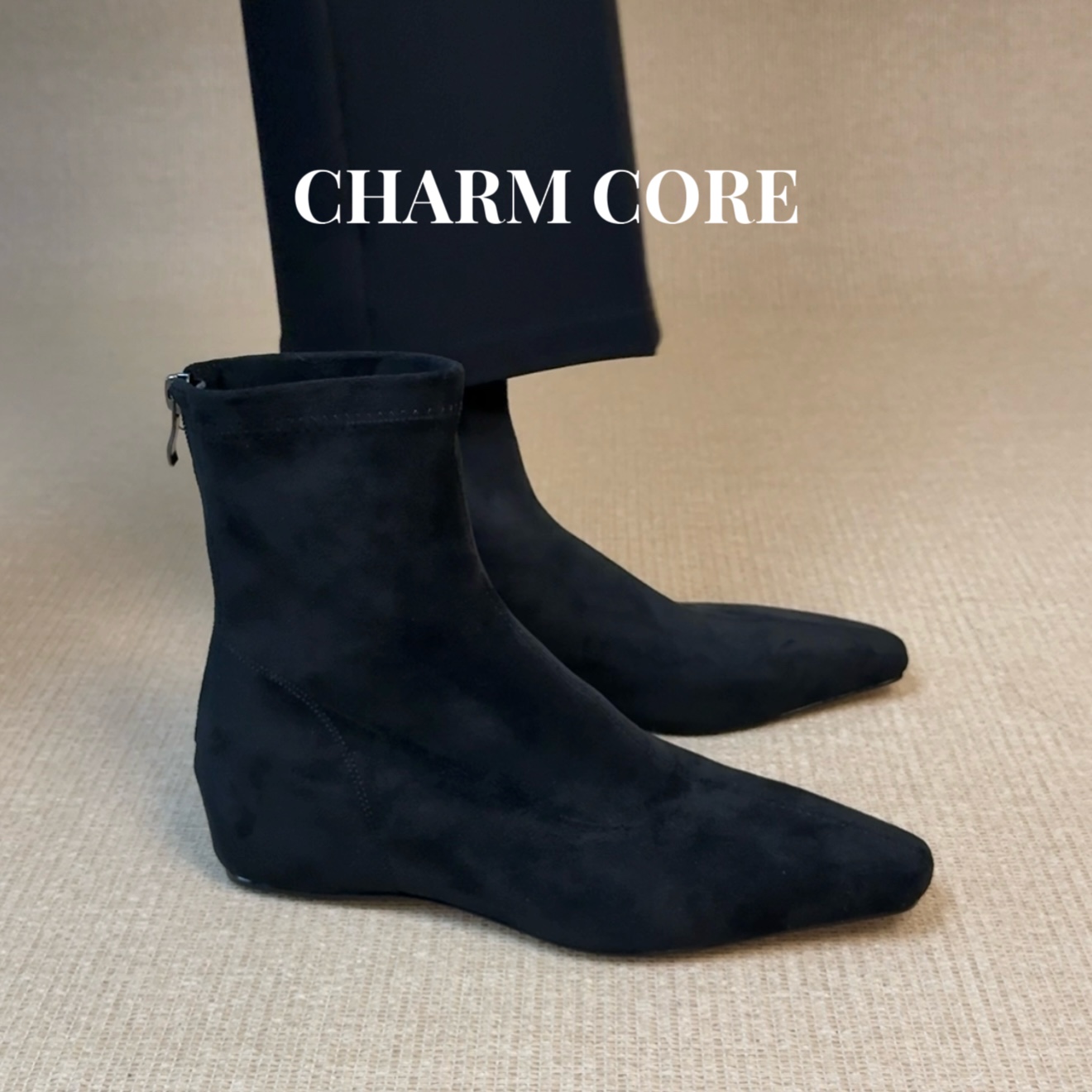 CHARM CORE大码女鞋34-42跟高4cm方头短靴女内弹力瘦瘦靴子