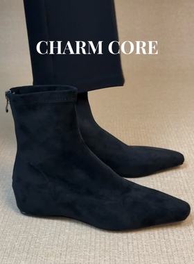 CHARM CORE大码女鞋34-42跟高4cm方头短靴女内弹力瘦瘦靴子