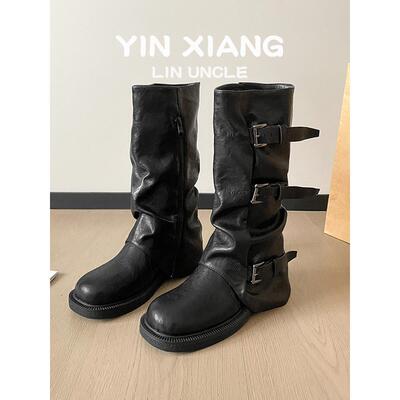 牛皮版~超软粗跟厚底中筒靴女2025秋冬新品废土风堆堆靴马丁靴子